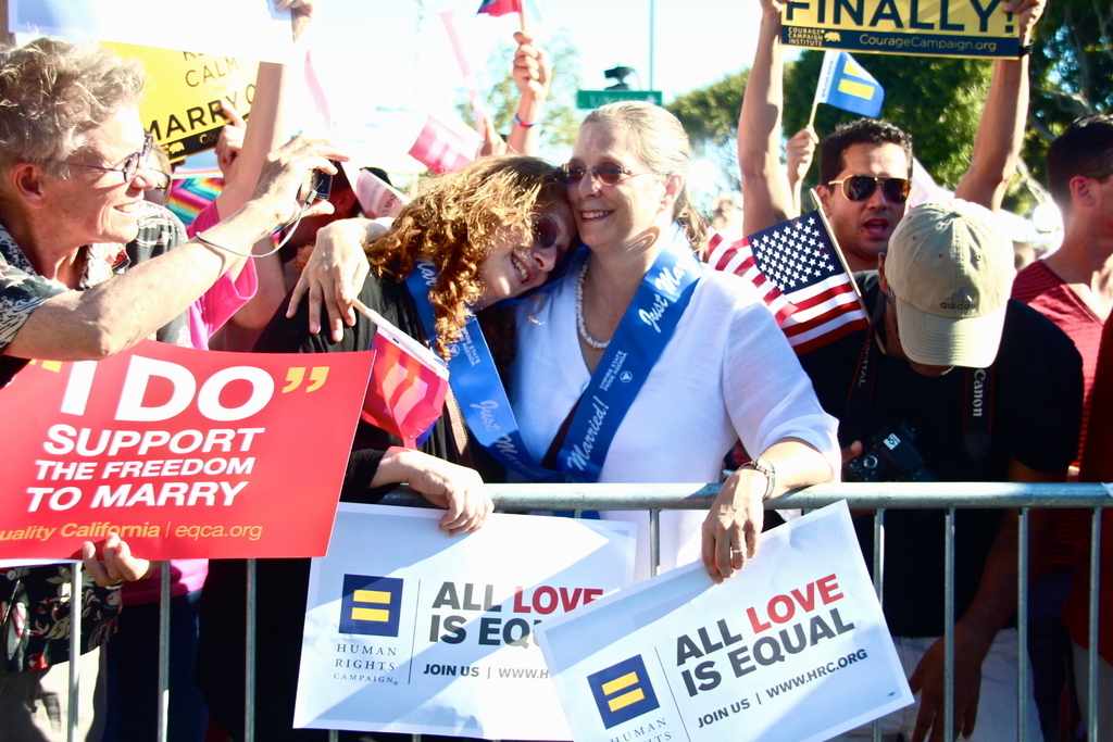 Deirdra and Nancy have been together for over 15 years. They spent the morning texting their grown children about the impending Supreme Court decision then came to a popular gay bar and restaurant in West Hollywood, the Abbey, to watch the results. The two were married in Los Angeles in 2005 after the California legislature approved a measure to legalize same sex marriage, though their marriage was not recognized in other states. "We're just overwhelmed and grateful," Nancy said, pulling her arm tightly around her wife."We hope this sweeps the country."
