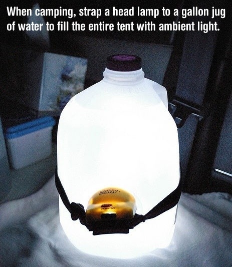 Point a head lamp into a jug of water for an instant lantern.