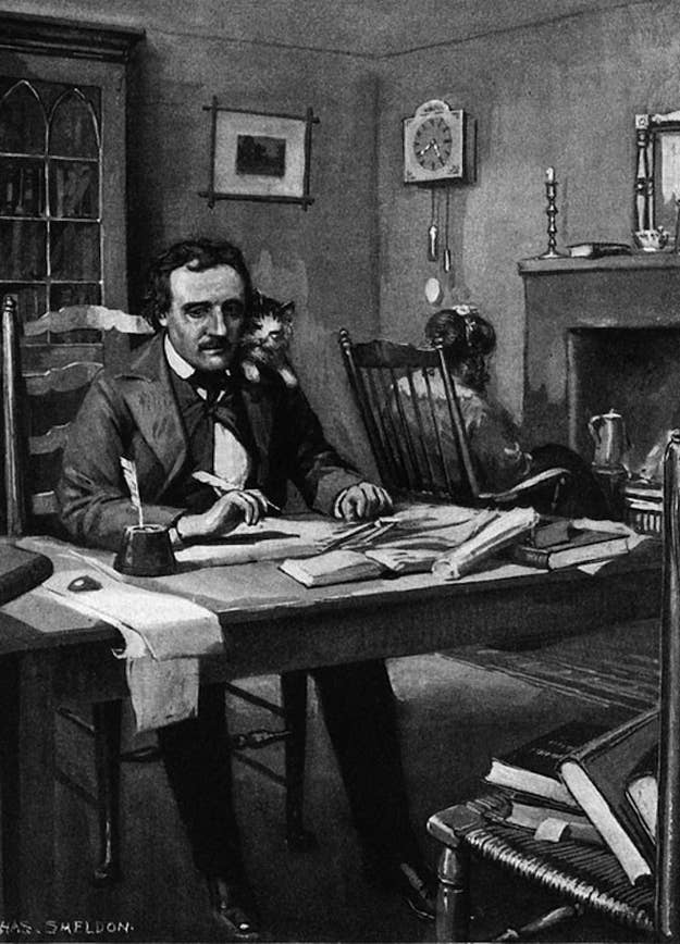 Poe at work under Catalina's eye (litho), Sheldon, Charles Mills (1866-1928) / Private Collection / Â© Look and Learn / The Bridgeman Art Library