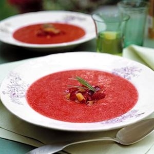 A wonderfully light dessert soup, this would be the perfect ending to a meal of grilled pork. (Although we must say we find it even better when it serves as a sea for an island of vanilla ice cream!)