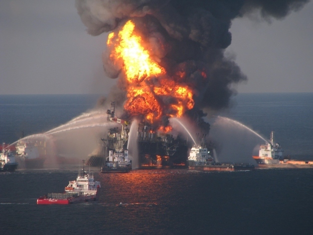Fire boat response crews battle the blazing remnants of the offshore oil rig Deepwater Horizon on April 21, 2010.