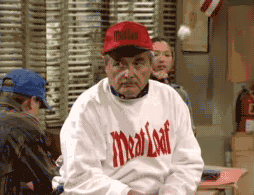 If you're trying to relate to the younger generation via your choice of garb, it's best to go with a consistent motif.I mean, face it, you'd laugh if someone showed up to 6th grade in just a Meat Loaf sweatshirt or hat. But both? You're sitting with the cool kids at lunch today, Feeny.