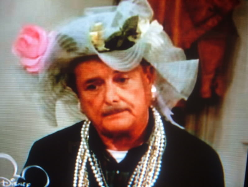 Caught in a moment of fashion weakness, George looks less than thrilled about these outfit enhancers. But, if original Morgan asks you to join her tea party, what're ya gonna do?And, in my opinion, Feeny looks quite dashing in Victorian era ladies fashion.