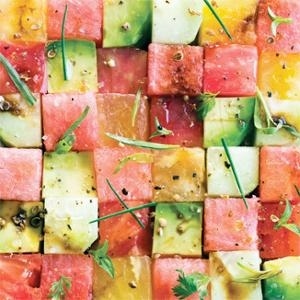 Cube ripe melon and assemble with tomatoes, cucumbers & avocados into a gorgeous mosaic of a summer salad!
