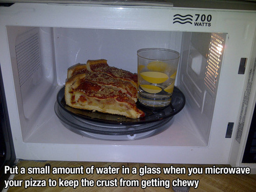 Reheat pizza in a microwave with a glass of water.