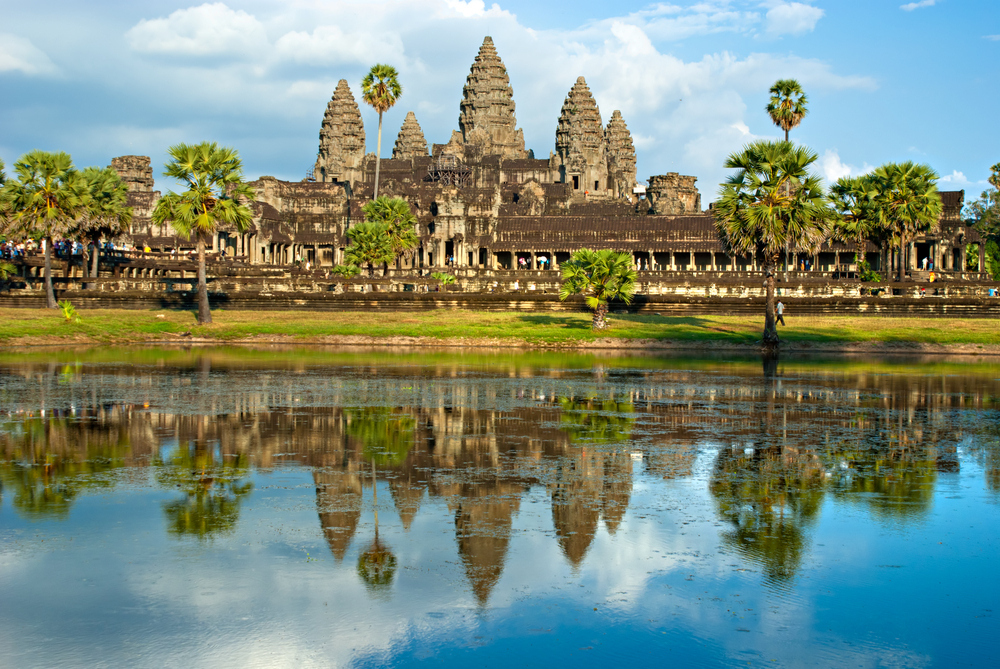 Surrounded by a 655-foot-wide moat, Angkor Wat is the largest religious monument in the world. It has been featured prominently on the Cambodian flag since 1863.