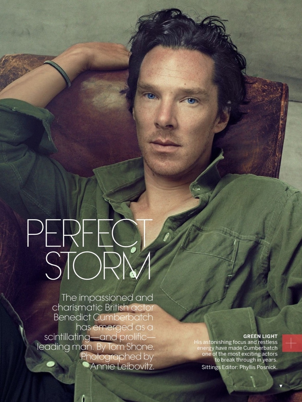 Jennifer Lawrence might get front page attention grazing the September issue of Vogue magazine (USA, ready for purchase this week) but Benedict Cumberbatch's photo spread will raise eyebrows - in a good way. Liebovitz photographs the English gent and captures his smoldering look. The blue eyes, the lighter roots showing from a recent dark dye job, the way his hair is tousled yet remaining slick, the slightly toasted shade of sun-kissed skin, THOSE CHEEKBONES, and the stubble. This image of Benedict shows his raw yet dashing good looks that totally offsets the cinema leading man "look". Go ahead - stare at him.Gaze at those baby blues.Swoon over that perfect Cupid's bow his upper lip offers.Am I the only one who finds his brow lines attractive?Massive thanks to Annie Liebovitz for capturing in photograph, the sexy beast that is Benedict Cumberbatch.
