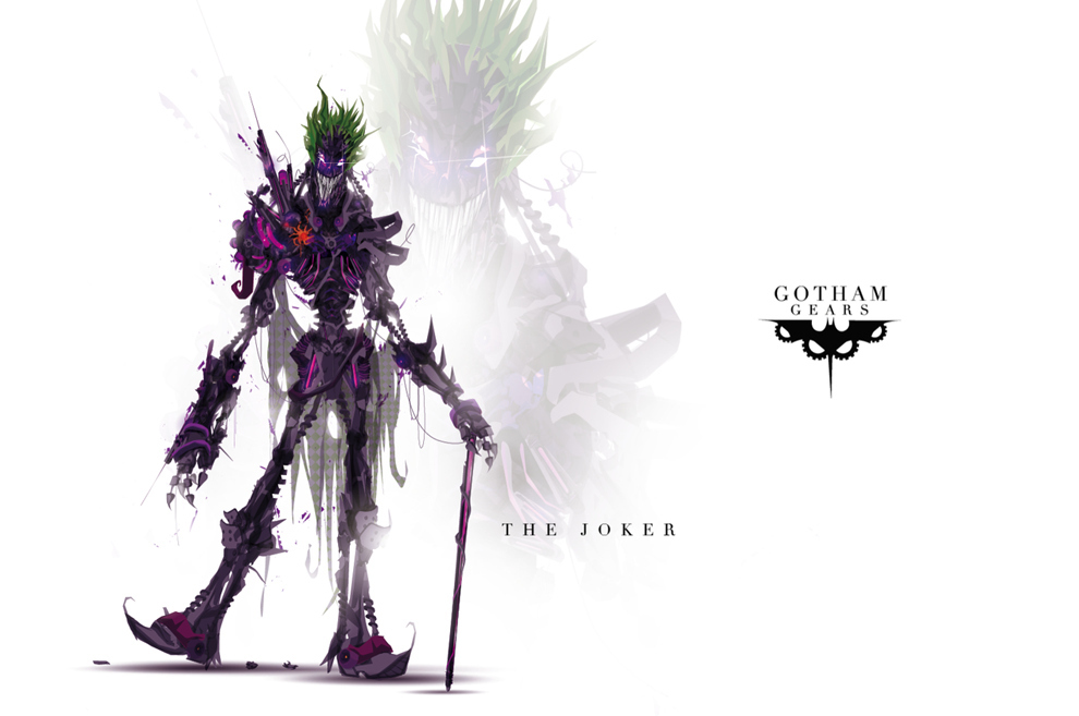 The Joker Gear runs on a damaged energy core, constantly leaking radiation which causes other machines in close proximity to malfunction. He wears an ancient piece of clothing allegedly worn by the Original Joker while also augmenting himself with souvenirs from his victims.