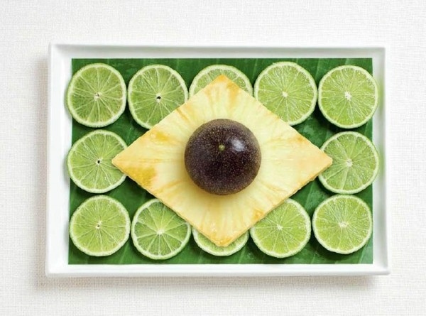 Brazil’s flag made from banana leaf, limes, pineapple and passion fruit.