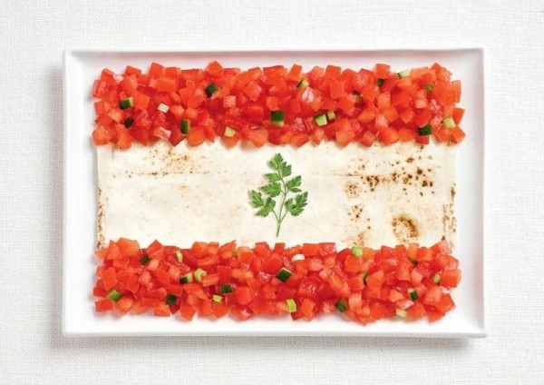 Lebanon’s flag made from lavash, fattoush and herb sprig.