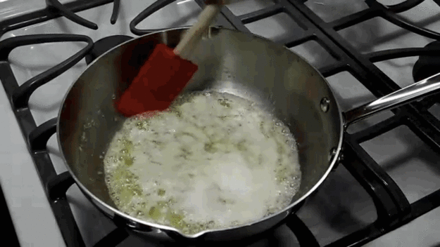 Now that your butter is melted and the water is evaporating out, the milk protein solids will start to cook — it's just like any other kind of frying; put a solid in hot oil and it will cook and brown, but leave it in too long and it will burn — and you want to keep them moving so they brown evenly. Otherwise, some of the solids will burn before others even have a chance to brown.