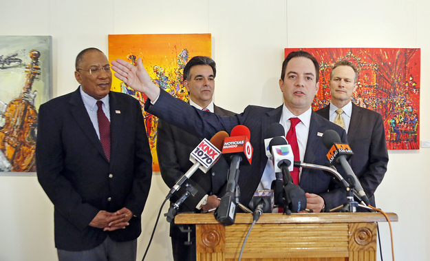 Priebus speaks to reporters after holding private talks with Latino and other community leaders at Tamayo restaurant in East Los Angeles.