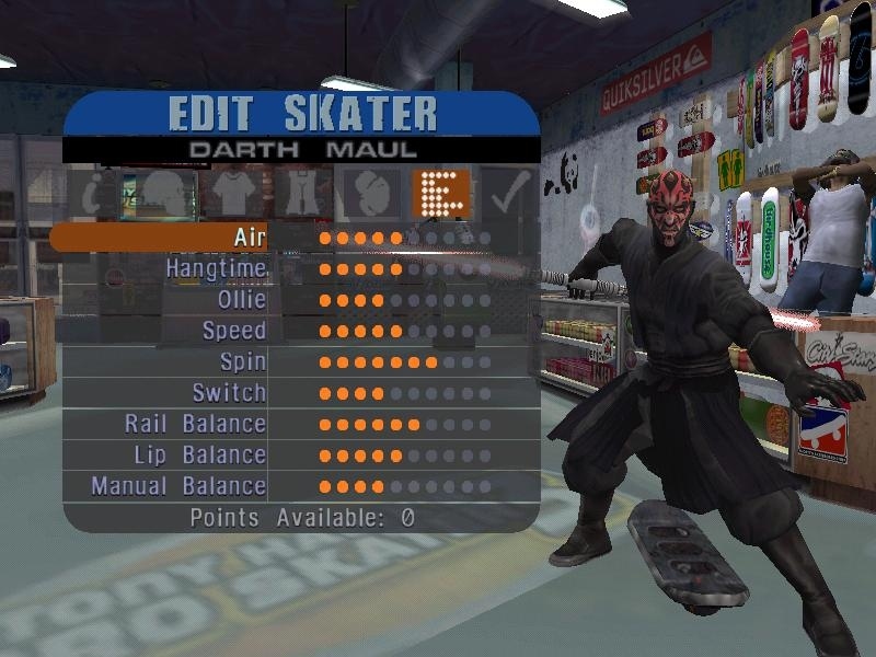 Typing 'FREAKSHOW' into the 'Cheats' option unlocked ALL characters. Giving you the chance to skate with Darth Maul, Wolverine, Officer Dick, Private Carrera, Ollie The Magic Bum, Kelly Slater, Demoness, and the Neversoft Eyeball Man.