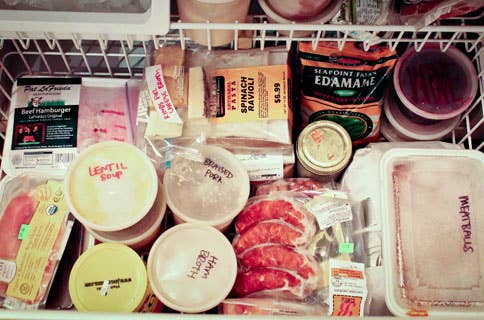 Bon Appetit editor Carla Lalli Music tries to have these items in her freezer (pictured above) at all times: frozen peas, edamame, ground turkey, burger patties, chicken cutlets, ravioli, homemade soup, and homemade meatballs in sauce. 