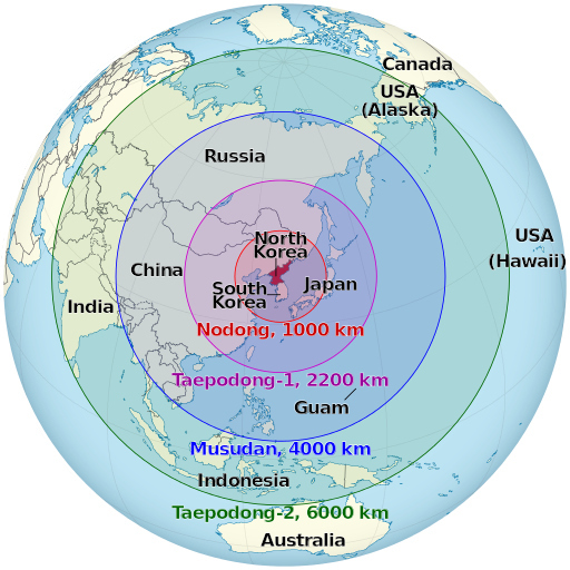 This map shows the estimated range of various missiles in North Korea's arsenal. Whether those missiles can really reach those distances (and reach them accurately) is an open question. North Korea's most recent long-range missile test last April failed spectacularly.It's widely assumed that the regime could currently equip missiles capable of striking South Korea and Japan with a nuclear warhead, although Pyongyang recently threatened nuclear strikes against Guam, Hawaii, and the American mainland as well. These targets, most analysts conclude, are beyond North Korea's reach -- for now.