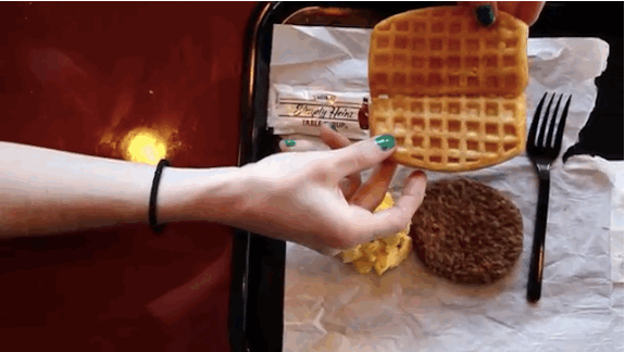 Specifically, it's a waffle folded around a sausage patty, eggs, and served with a packet of maple syrup.