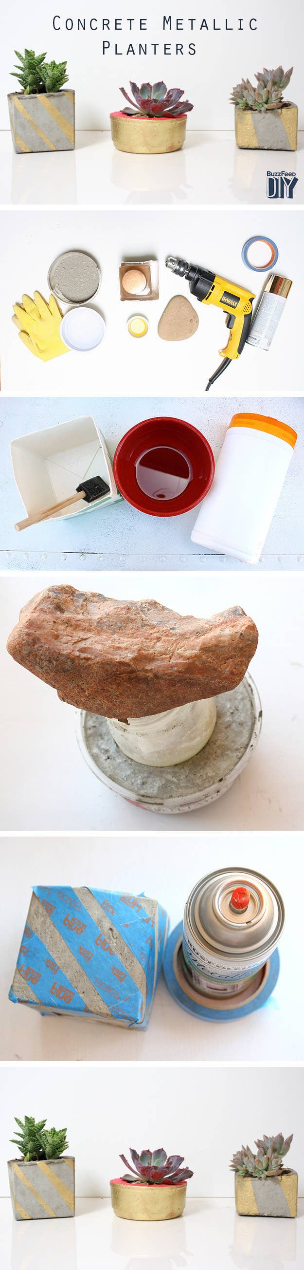 These shimmery planters were created by Laurel at A Bubbly Life. What you'll need: concrete, water, gloves, a container for mixing, oil (vegetable or olive will do), one large container for the mold and one smaller container to fit inside the larger, a heavy rock (or other heavy item), a drill, spray paint, and painter's tape.