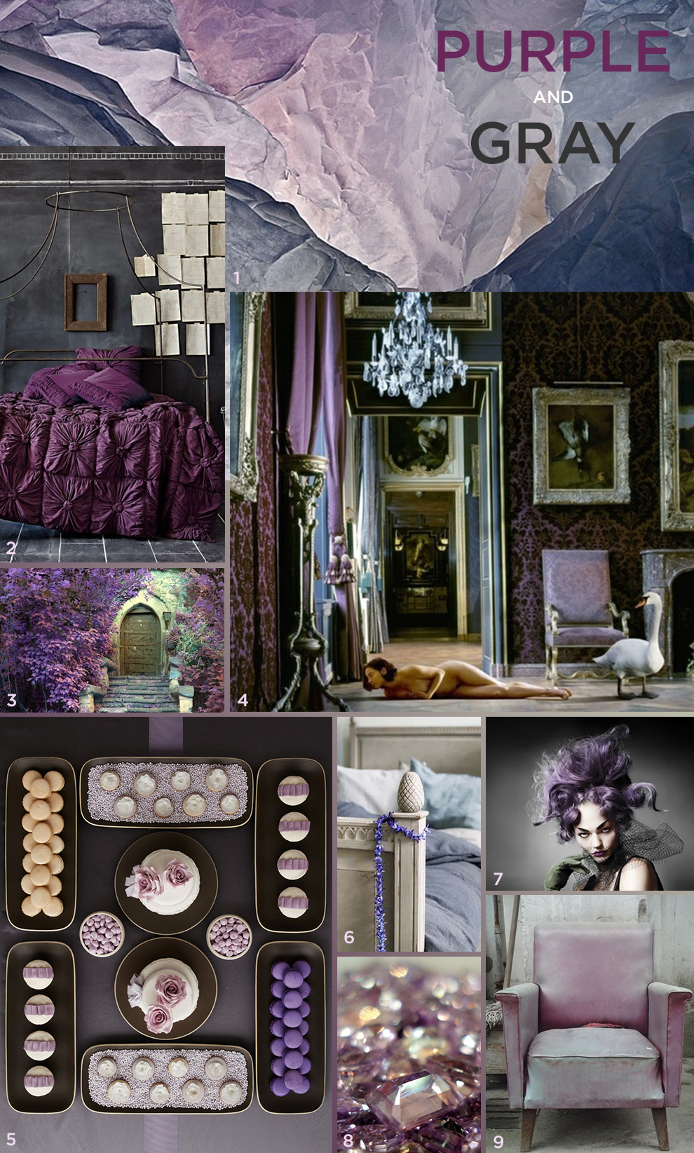 1) Up on a Fold, 2) Anthropologie, 3) no photo source, 4) Karen Knorr, 5) Amy Atlas, 6) Garbo Interiors, 7) Mario Testino, 8) Little City Witch, 9) Chantal Recoussat.
