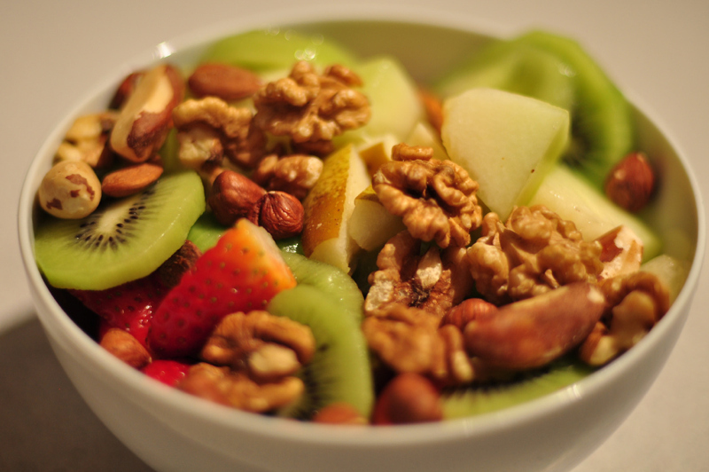 We think walnuts, almonds, and pecans are the best and should go with apples, kiwis, strawberries, and melon.