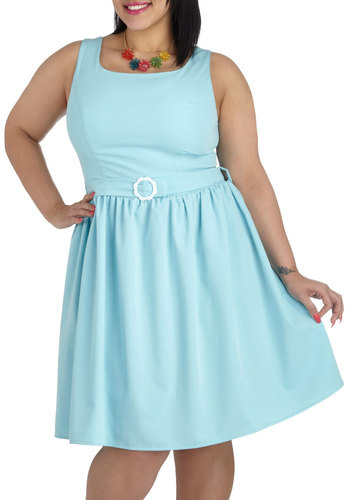 Out Of The Sky dress in blue. This dress comes in plus sizes as well as smaller sizes, which means it's a good fit because Modcloth makes amazing plus sized dresses. Plus, lookit that cute belt.