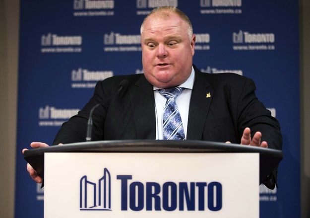 Ford makes a statement at City Hall in Toronto on May 28.