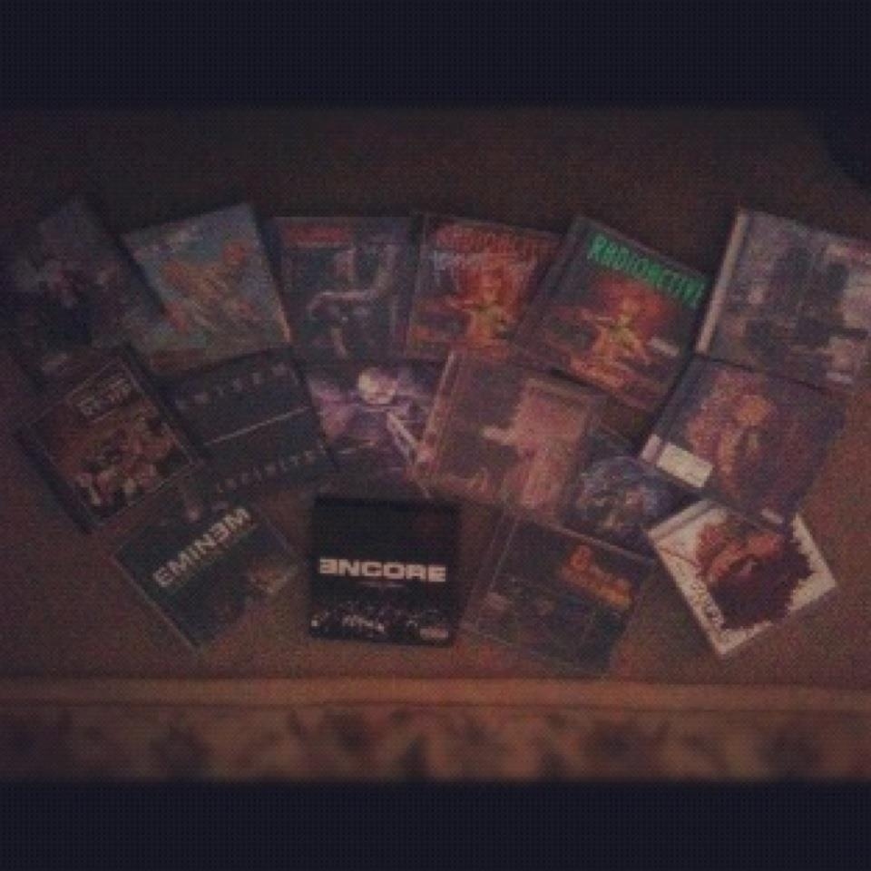 PLUS many of the ones he's produced (like the RadioActive album by Yelawolf, and many others not pictured) (Note: Eminem did not produce the CreekWater or Trunk Muzik cd's by Yelawolf, they just made the picture)