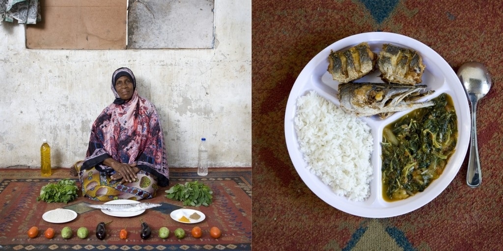 Miraji Mussa Kheir, 56 years old. Wali, mchuzina mbogamboga (rice, fish and vegetables in green mango sauce)