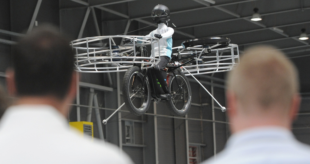 This flying bike uses six giant rotating fans to provide lift and balance and is powered by batteries. It could be the future of commuting and help with less fuel emissions.