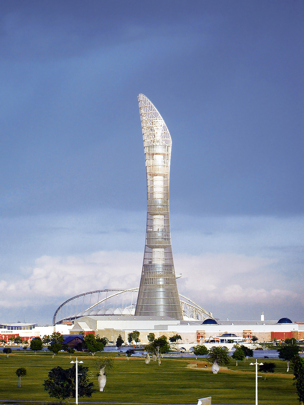 Doha, QatarThe 984 ft Aspire Tower Hotel is the largest building in the tiny Arab state of Qatar. Located in the capital of Doha, it is the first of many planned elaborate hyper-modern skyscrapers.