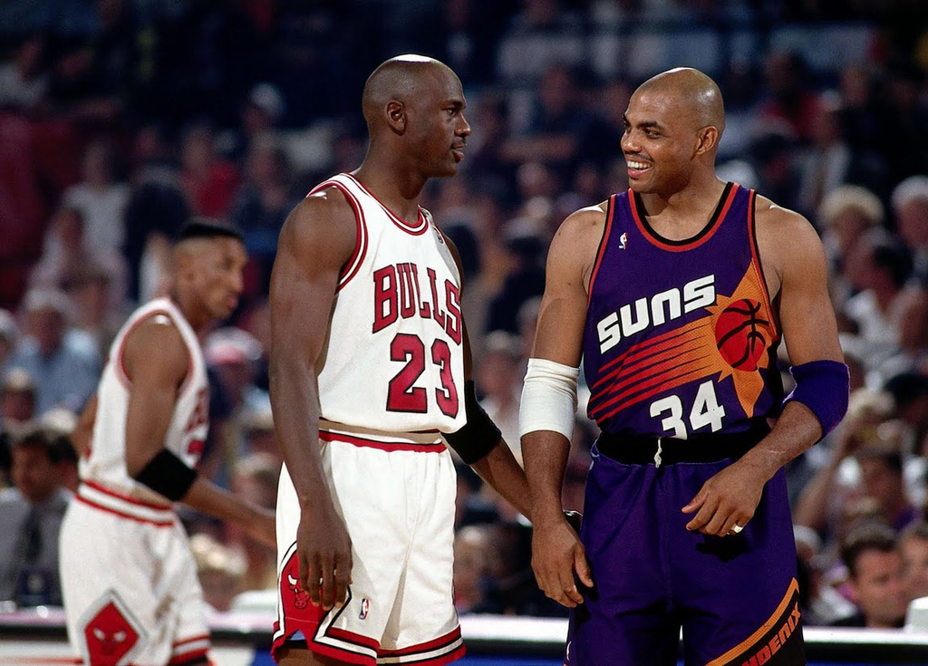 How about three for the price of one? Game 2 of the 1993 NBA Finals: Michael Jordan pulls off a 42/12/9/2 game. Scottie Pippen nabs a triple double and Charles Barkley scores 42 himself, and adds 13 rebounds, 4 assists a steal and a block