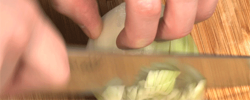 The strategy illustrated here of making horizontal slices, then vertical slices two ways, will work for many different foods besides onions.