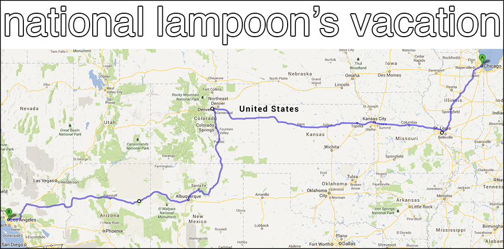 Total Distance: 2,395 MilesThis trip from Chicago to Wally World is best done with a family in a Wagon Queen Family Truckster. Don't forget to visit Catherine and Eddie in Coolidge, KS.