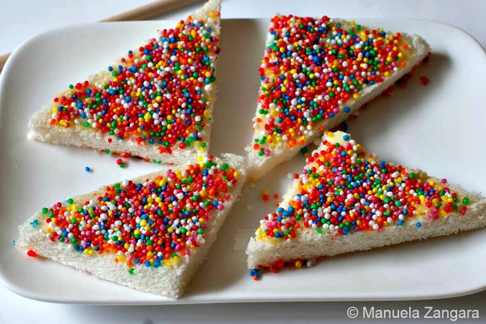 Fairy bread, its what it looks like bread, butter, and sprinkles