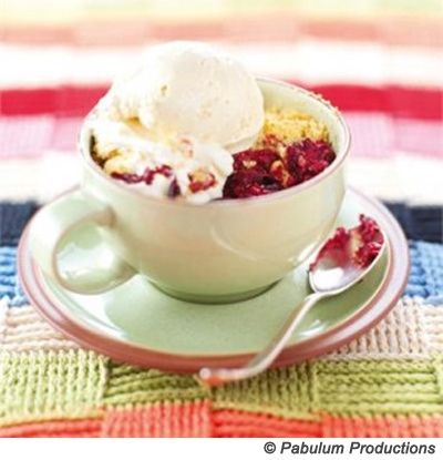 Beautiful British foodie Nigella Lawson has a perfect crumble recipe. It can be made ahead of time, stored in the freezer, and baked up with any berries you have on hand. Scrummy! PS - Serving the crumble in antique tea cups? Genius!scrummy = scrumptious + yummy