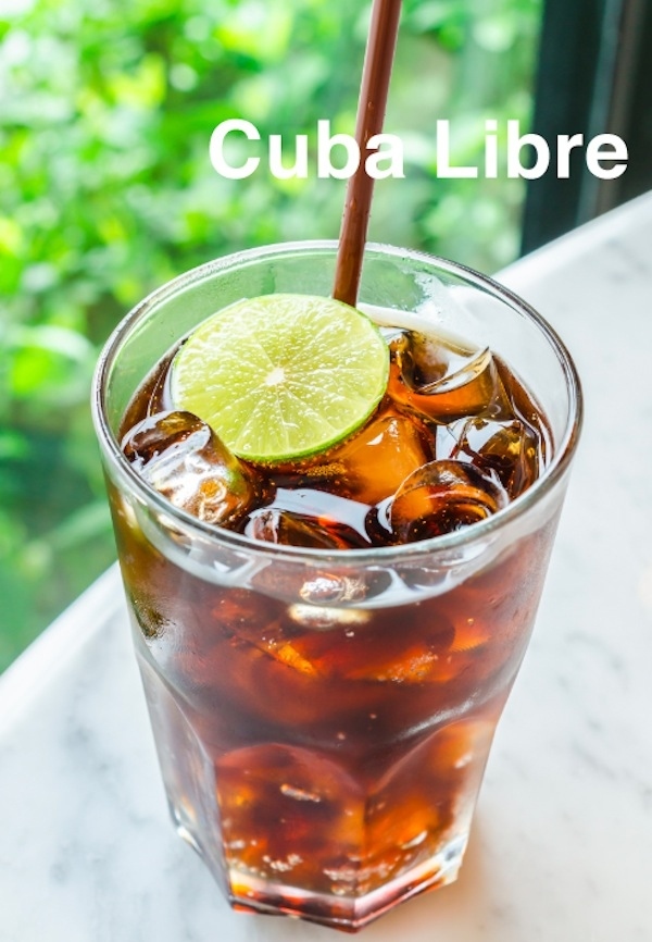 Also known as the "Rum and Coke," the Cuba Libre means "Free Cuba." It was invented around 1900 by patriots who aided Cuba in the Spanish-American War. The first Cuba Libre was made with Bacardi Rum and cola, a recipe still maintained today.