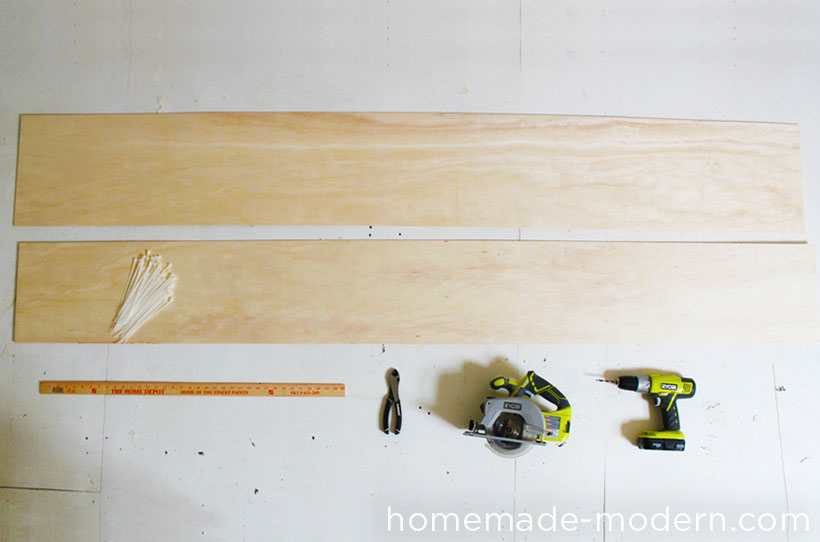 4'x 8' Sheet of 1/2” Thick PlywoodAvailable at Home DepotThere are a lot of different types of plywood. I used ¼” plywood which is strong enough to hold my weight but might not stand the test of time. 3/8” or ½” thick plywood would provide superior durability. I had the plywood cut into strips at Home Depot.Zip TiesAvailable at Home DepotZip ties – also called cable ties or tie wraps – come in a variety of different sizes. I tried both large 10” ties and thinner 4” ties. The thinner ties are much easier to work with.