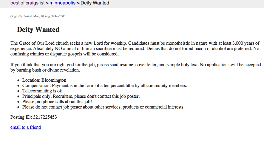 "Deities that do not forbid bacon or alcohol are preferred." Did we just become best friends?