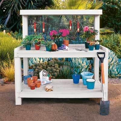 Even if you love gardening, repotting plants or dividing flats can feel like a real chore if you have to scavenge for supplies in the dark corners of the garage. Park them on a dedicated workstation, however, and you'll never waste time hunting them down again. Construct our simple, three-tier potting bench and keep your favorite hand tools right at your fingertips.
