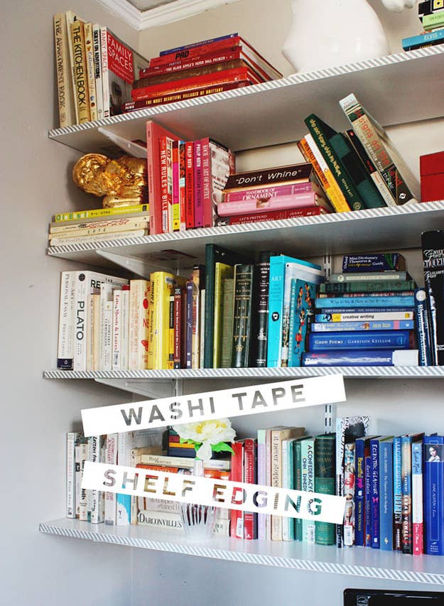 Washi tape (colored paper tape) is your new best friend when it comes to dorm decorating. Like painter&#x27;s tape, it removes without residue, meaning it&#x27;s perfect for temporarily decorating lackluster dorm furniture.Learn how to line your shelves with it here.