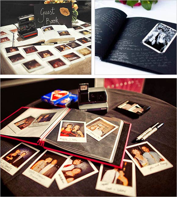 Em vez de um livro de visitas comuns, faça um álbum de fotos. Os convidados podem tirar fotos de si mesmos e escrever suas mensagens nas Polaroids.