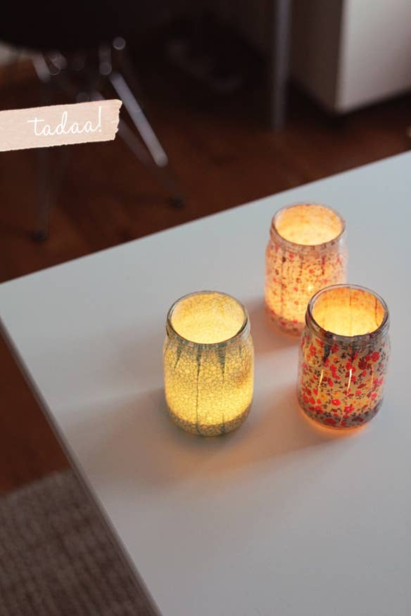 Since most college dorms ban traditional candles, use electric tealights (like these) instead.You can make decorative jars following this tutorial.