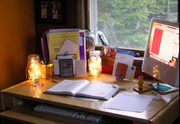 The right lighting is KEY in productive working. Move your desk near a naturally sunny spot and use "indirect" lighting at much as possible, i.e., mason jars with string lights! Romantic and soft on the eyes.