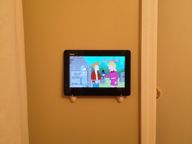 Use 3M hooks to mount a tablet wherever you want.