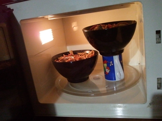 Heat two bowls at once in the microwave with this handy trick.