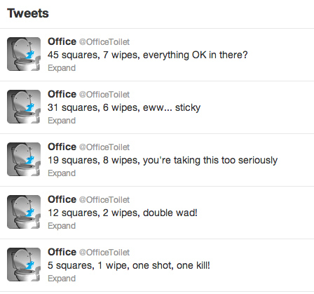 This Twitter-enabled toilet tweets out how much toilet paper was used.Was it a big one with multiple folds and reaching for seconds? A single-dropper that required a single square? Twitter knows.Using small neodymium magnets inside of the toilet roll and a reed switch in the holder, it will track the number of times the TP roll spins. 3.4 squares comprised a single revolution, and so all that's needed is an Xbee to do the tweeting and a microcontroller to do the math, remember what to tweet, and keep everything powered.