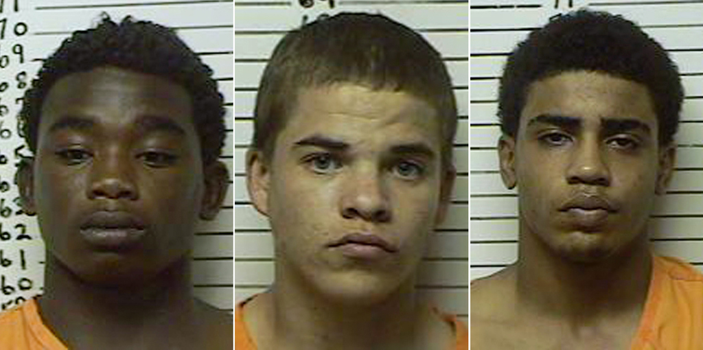 This combination made with booking photos shows, from left, James Francis Edwards Jr., 15, Michael Dewayne Jones, 17, and Chancey Allen Luna, 16, all of Duncan, Okla.