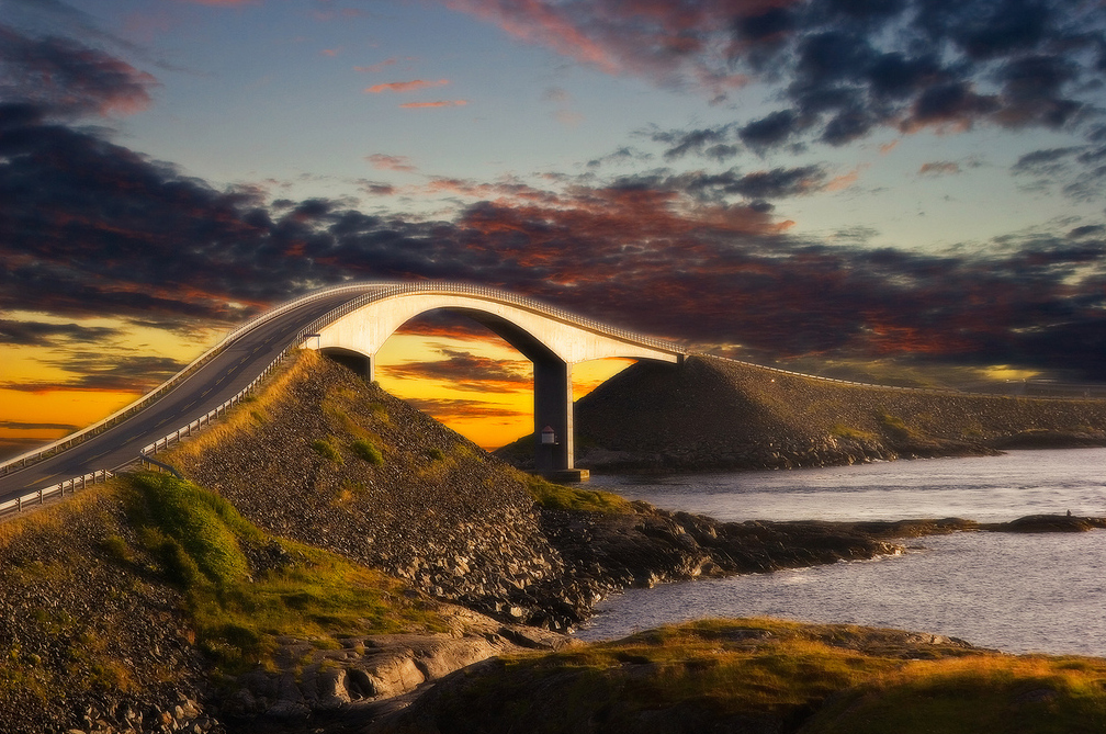 Norway's iconic Atlantic Ocean Road stretches about 5.2 miles, its beautiful Hulvågen bridges rising over the titular ocean and dipping back down into eight small islands and skerries.