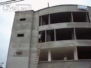 Insane!!!! But in his defense the ladder did reach only the third floor of the building.