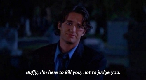 Buffy's old schoolfriend is a pretty nice guy even as a vampire, and that's part of the reason his dusting was upsetting to many viewers. Buffy agreed with us. Holden: "Hey, I don't mean to be Count Buttinsky here, but you just don't seem as thrilled. Is it because we're gonna fight?" Buffy: "It's 'cause I'm gonna win." (Conversations with Dead People, Season 7, Episode 7)