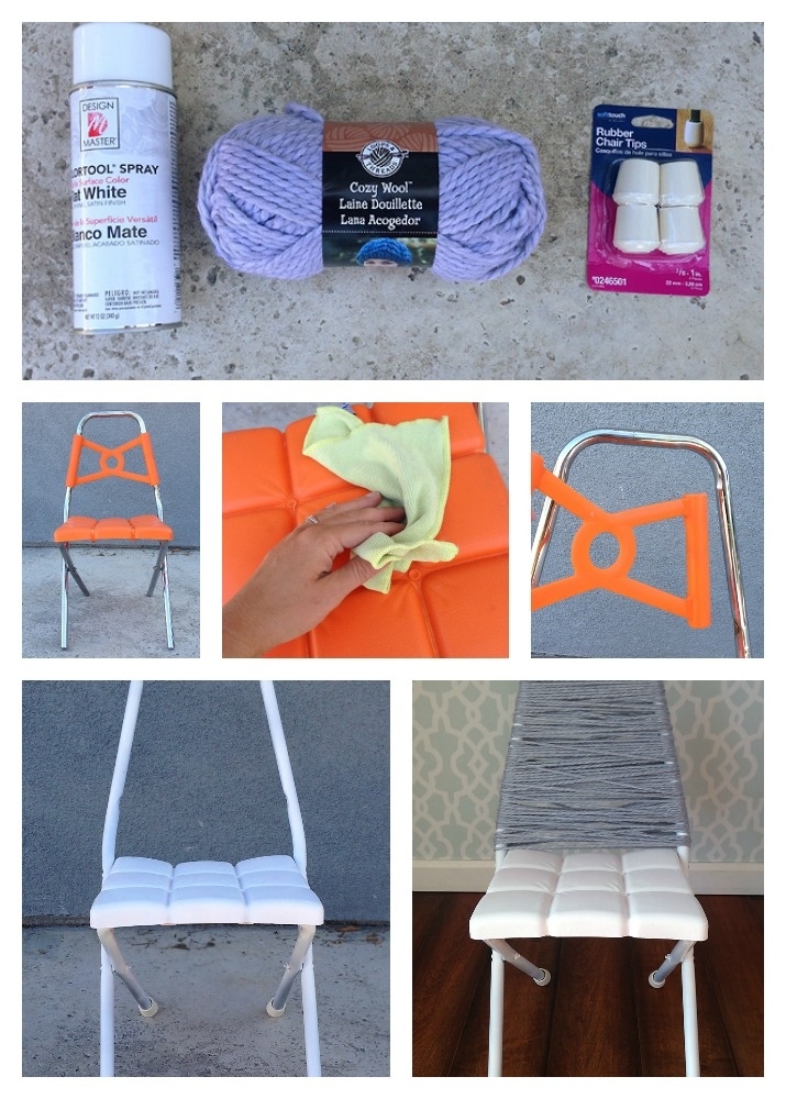 Materials: a basic folding chair, white spray paint (Design Master is the best because it adheres to everything), rubber chair tips, and nubby yarn.1. Start by wiping down the chair with a dry rag. Usually secondhand items have had a chance to start gathering dust, but the paint will stick better if there are no dust particles getting in the way.2. Remove the top part of the chair. It might screw off. This model was plastic, so it just popped off with a twist.3. Spray paint the entire chair. You may need a few coats to get a good solid white.4. Wrap yarn around the top part of your chair. This part doesn't need to be perfect. In fact it looks better if it’s not! Keep wrapping until the top open part of the chair is solid and sturdy, then tie a small knot and tuck it under one of the strands of yarn. Finished! This is a great project for a child’s room…or if you’re a photographer like Kristin, it’s a new photo prop.